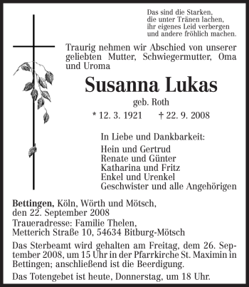 Todesanzeige von Susanna Lukas von TRIERISCHER VOLKSFREUND