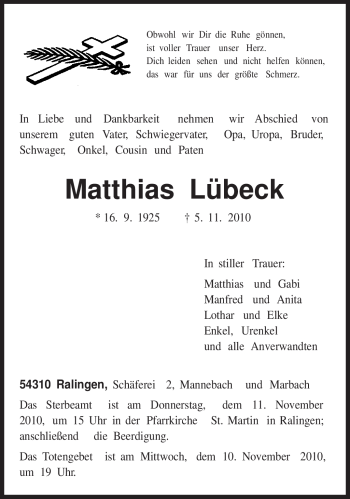 Todesanzeige von Matthias Lübeck von TRIERISCHER VOLKSFREUND