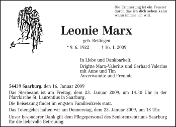 Todesanzeige von Leonie Marx von TRIERISCHER VOLKSFREUND
