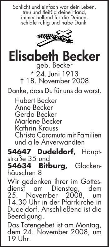 Todesanzeige von Elisabeth Becker von TRIERISCHER VOLKSFREUND