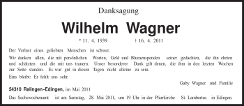 Todesanzeige von Wilhelm Wagner von TRIERISCHER VOLKSFREUND