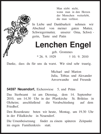 Todesanzeige von Lenchen Engel von TRIERISCHER VOLKSFREUND
