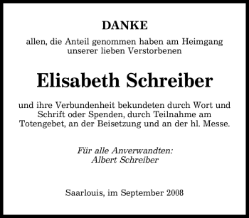 Todesanzeige von ELISABETH SCHREIBER von TRIERISCHER VOLKSFREUND