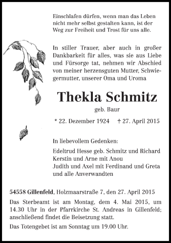 Todesanzeige von Thekla Schmitz von trierischer_volksfreund