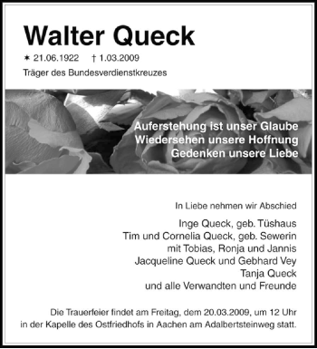 Todesanzeige von Walter Queck von TRIERISCHER VOLKSFREUND