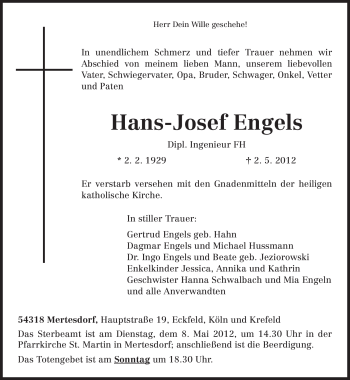 Todesanzeige von Hans-Josef Engels von TRIERISCHER VOLKSFREUND