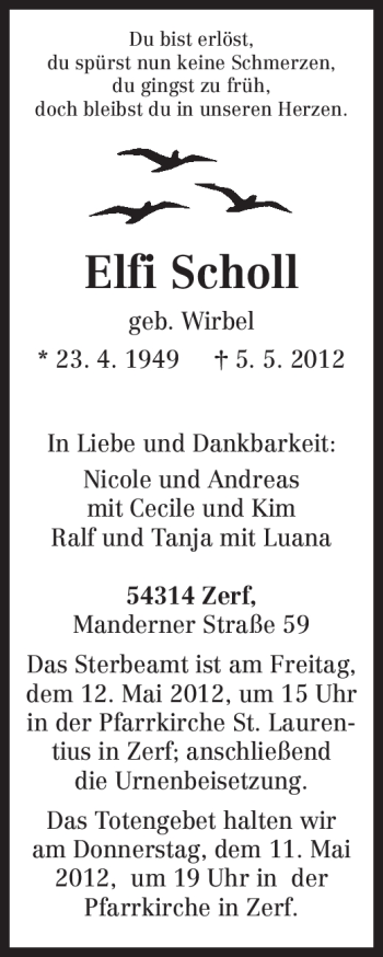 Todesanzeige von Elfi Scholl von TRIERISCHER VOLKSFREUND