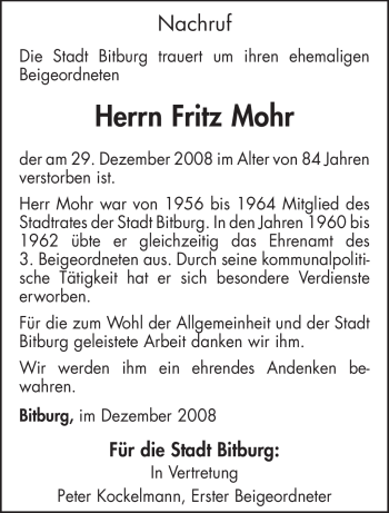 Todesanzeige von Fritz Mohr von TRIERISCHER VOLKSFREUND