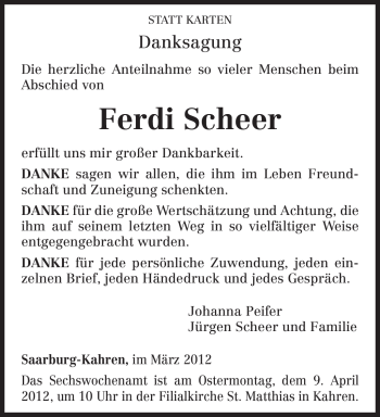 Todesanzeige von Ferdi Scheer von TRIERISCHER VOLKSFREUND