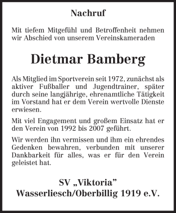 Todesanzeige von Dietmar Bamberg von TRIERISCHER VOLKSFREUND
