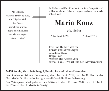 Todesanzeige von Maria Konz von TRIERISCHER VOLKSFREUND