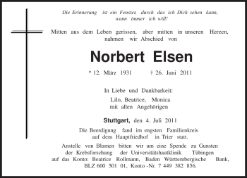 Todesanzeige von Norbert Elsen von TRIERISCHER VOLKSFREUND