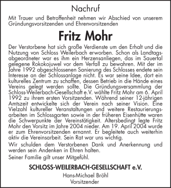 Todesanzeige von Fritz Mohr von TRIERISCHER VOLKSFREUND