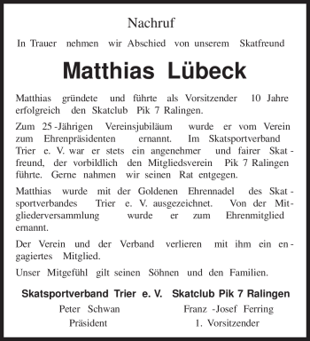 Todesanzeige von Matthias Lübeck von TRIERISCHER VOLKSFREUND
