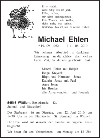 Todesanzeige von Michael Ehlen von TRIERISCHER VOLKSFREUND