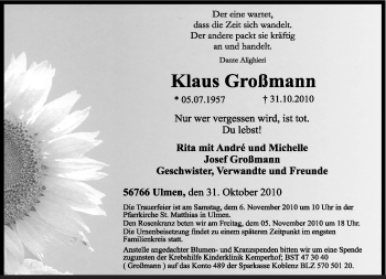 Todesanzeige von Klaus Großmann von TRIERISCHER VOLKSFREUND