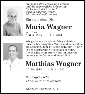 Todesanzeige von Maria und Matthias Wagner von trierischer_volksfreund