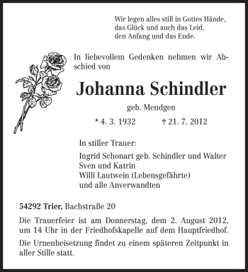 Todesanzeige von Johanna Schindler von TRIERISCHER VOLKSFREUND