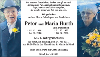 Todesanzeige von Maria Hurth von TRIERISCHER VOLKSFREUND