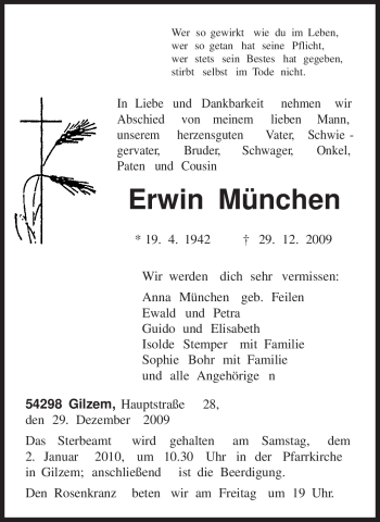 Todesanzeige von Erwin München von TRIERISCHER VOLKSFREUND