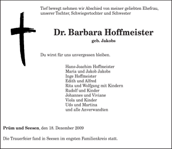 Todesanzeige von Barbara Hoffmeister von TRIERISCHER VOLKSFREUND