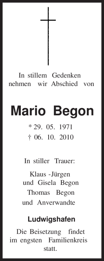 Todesanzeige von Mario Begon von TRIERISCHER VOLKSFREUND