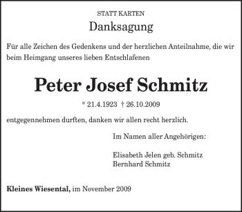 Todesanzeige von Peter Josef Schmitz von TRIERISCHER VOLKSFREUND