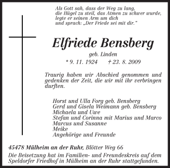 Todesanzeige von Elfriede Bensberg von TRIERISCHER VOLKSFREUND