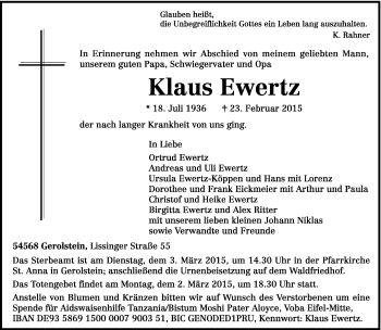 Todesanzeige von Klaus Ewertz von trierischer_volksfreund