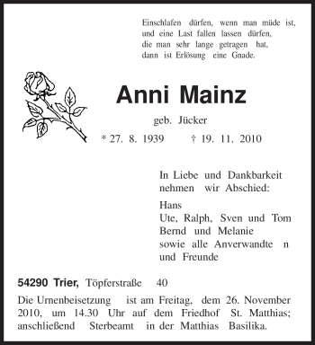 Todesanzeige von Anni Mainz von TRIERISCHER VOLKSFREUND
