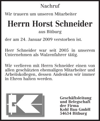 Todesanzeige von Horst Schneider von TRIERISCHER VOLKSFREUND