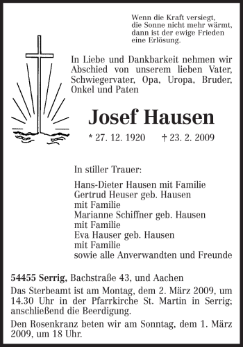 Todesanzeige von Josef Hausen von TRIERISCHER VOLKSFREUND