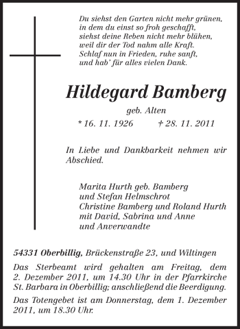 Todesanzeige von Hildegard Bamberg von TRIERISCHER VOLKSFREUND
