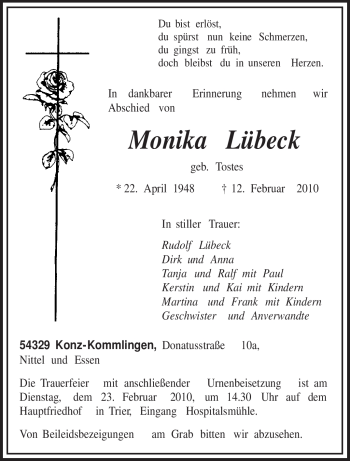 Todesanzeige von Monika Lübeck von TRIERISCHER VOLKSFREUND