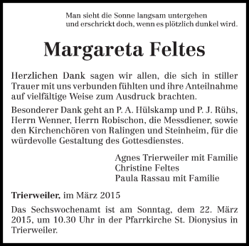 Todesanzeige von Margareta Feltes von trierischer_volksfreund