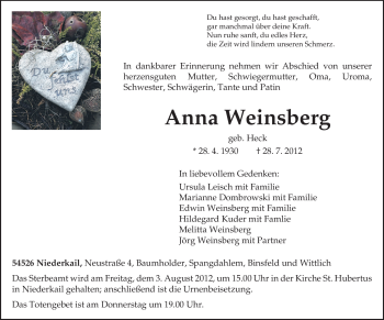 Todesanzeige von Anna Weinsberg von TRIERISCHER VOLKSFREUND
