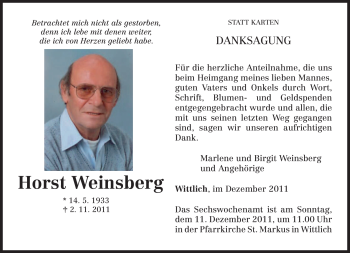 Todesanzeige von Horst Weinsberg von TRIERISCHER VOLKSFREUND