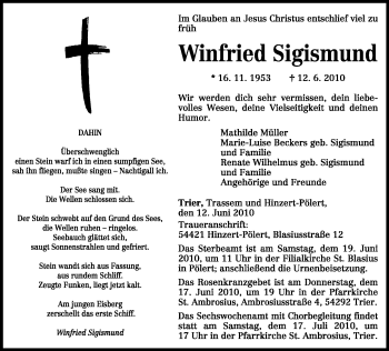 Todesanzeige von Winfried Sigismund von TRIERISCHER VOLKSFREUND