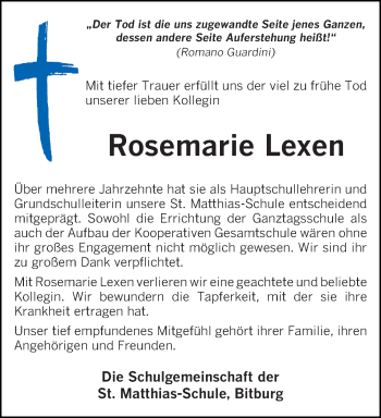 Todesanzeige von Rosemarie Lexen von trierischer_volksfreund