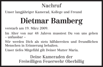 Todesanzeige von Dietmar Bamberg von TRIERISCHER VOLKSFREUND