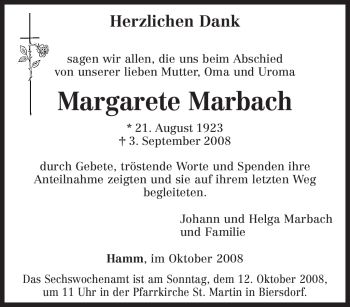 Todesanzeige von Margarete Marbach von TRIERISCHER VOLKSFREUND