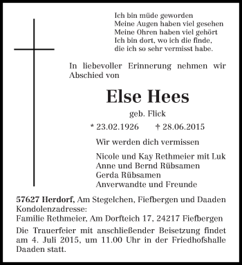 Todesanzeige von Else Hees von trierischer_volksfreund