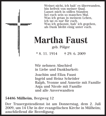 Todesanzeige von Martha Faust von TRIERISCHER VOLKSFREUND