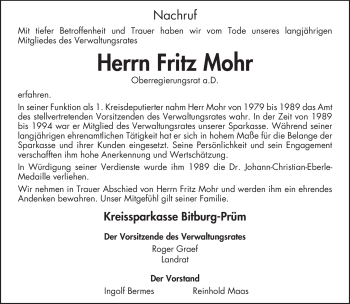Todesanzeige von Fritz Mohr von TRIERISCHER VOLKSFREUND