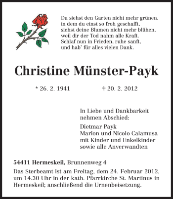 Todesanzeige von Christine Münster-Payk von TRIERISCHER VOLKSFREUND