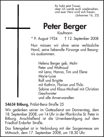 Todesanzeige von Peter Berger von TRIERISCHER VOLKSFREUND