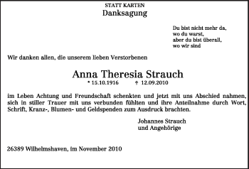 Todesanzeige von Anna Theresia Strauch von TRIERISCHER VOLKSFREUND