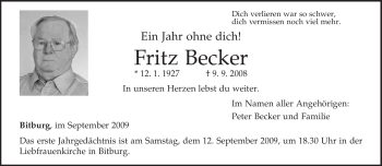 Todesanzeige von Fritz Becker von TRIERISCHER VOLKSFREUND