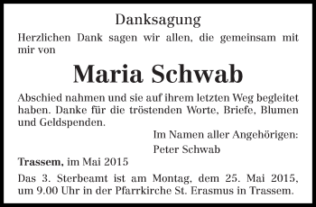Todesanzeige von Maria Schwab von trierischer_volksfreund