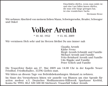 Todesanzeige von Volker Arenth von TRIERISCHER VOLKSFREUND
